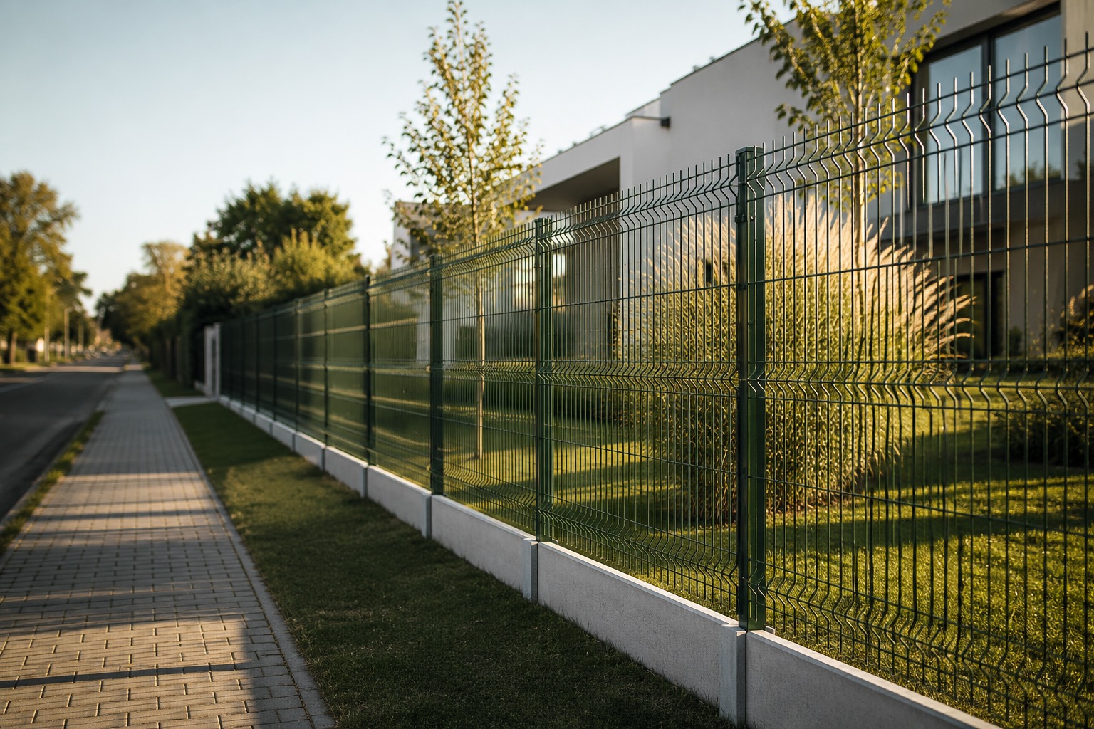 Betonalapra épített zöld táblás kerítés egy rendezett családi ház előtt